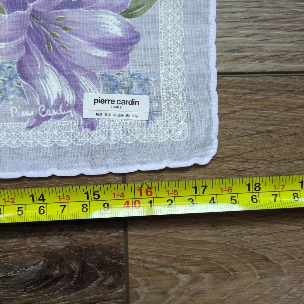 Vtg Pierre Cardin Handkerchief Purple‎ Floral Lily Scalloped Edge Cotton 18.5